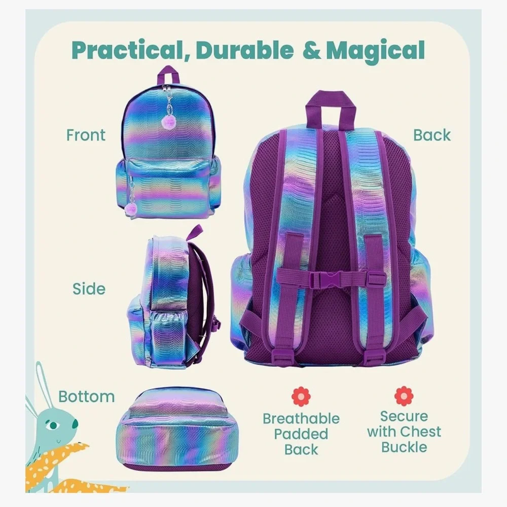 Kids Mermaid Backpack with Pom-Pom Charm and Lunch Bag